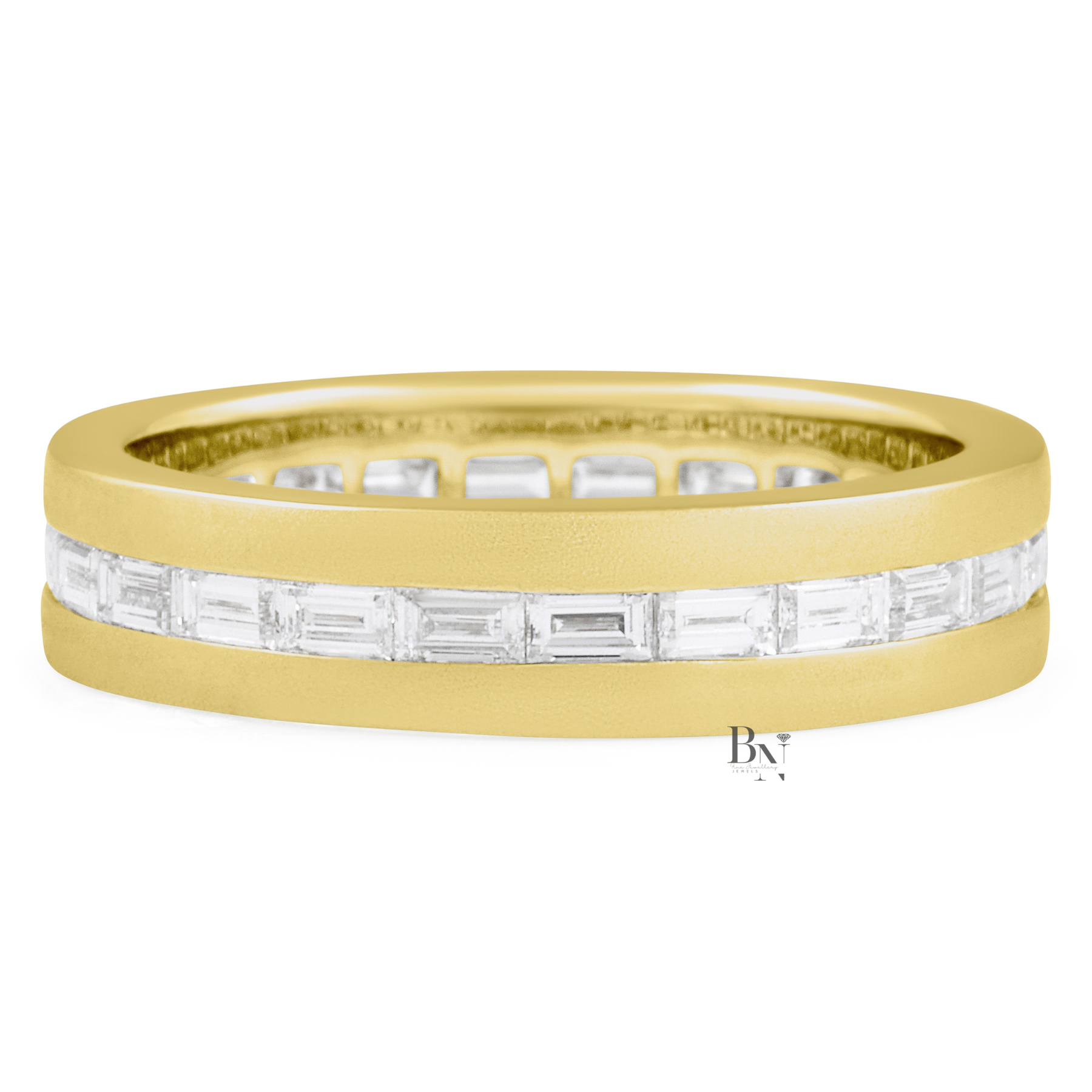 Mens Diamond Wedding Band, Baguette Lab Grown Eternity Ring, Matte 14K Gold Channel Set Band, 5.5mm East West Ring