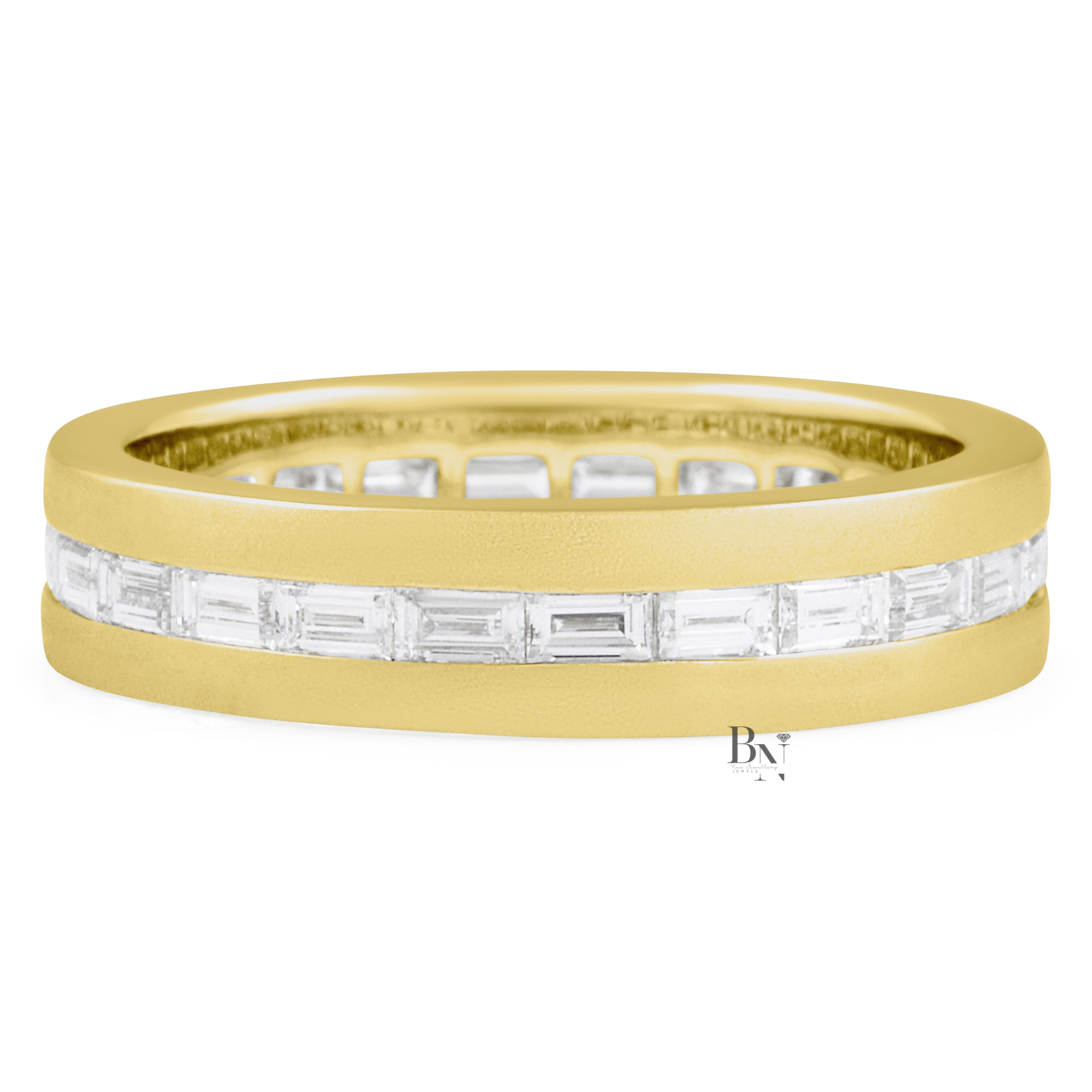 Mens Diamond Wedding Band, Baguette Lab Grown Eternity Ring, Matte 14K Gold Channel Set Band, 5.5mm East West Ring