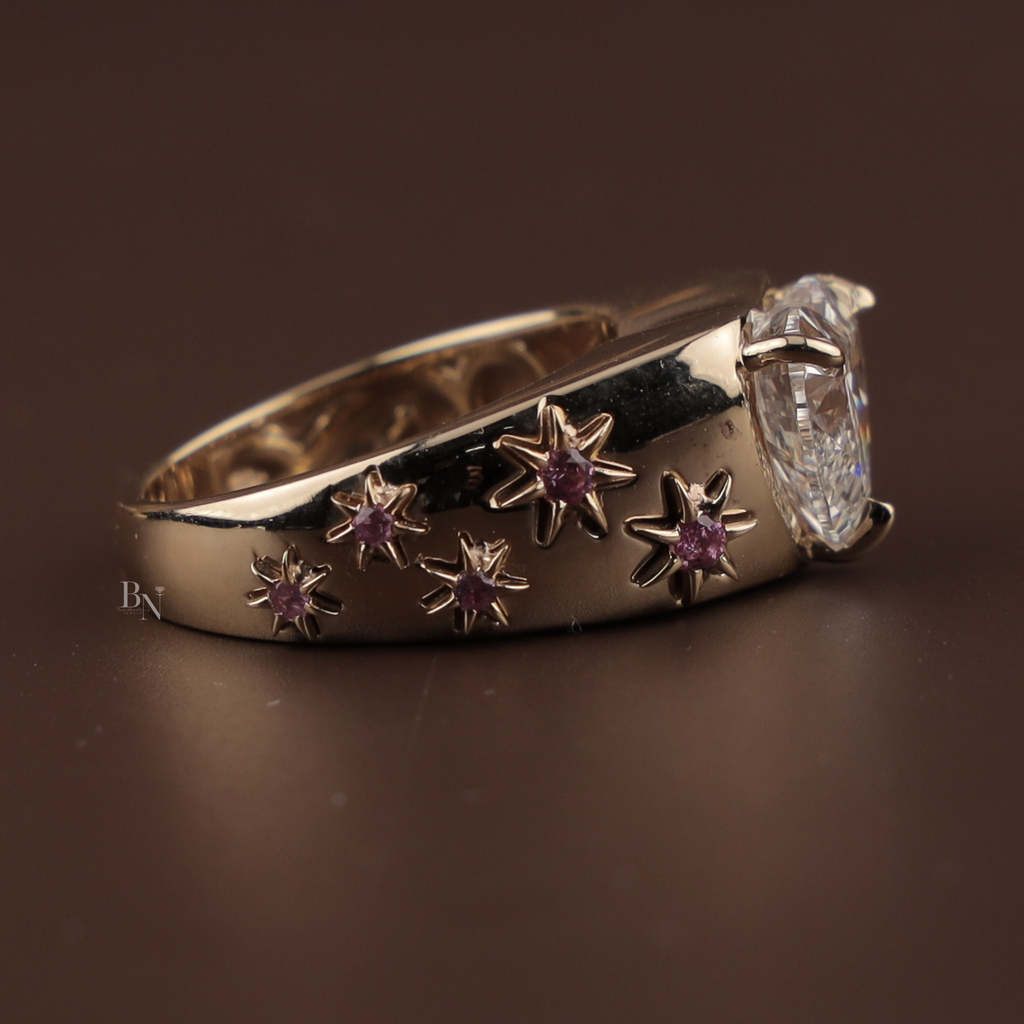 3ct Heart Cut Lab Grown Diamond Engagement Ring | 14K Yellow Gold Celestial Star Setting | Pink Sapphire Accents | IGI Certified Ring