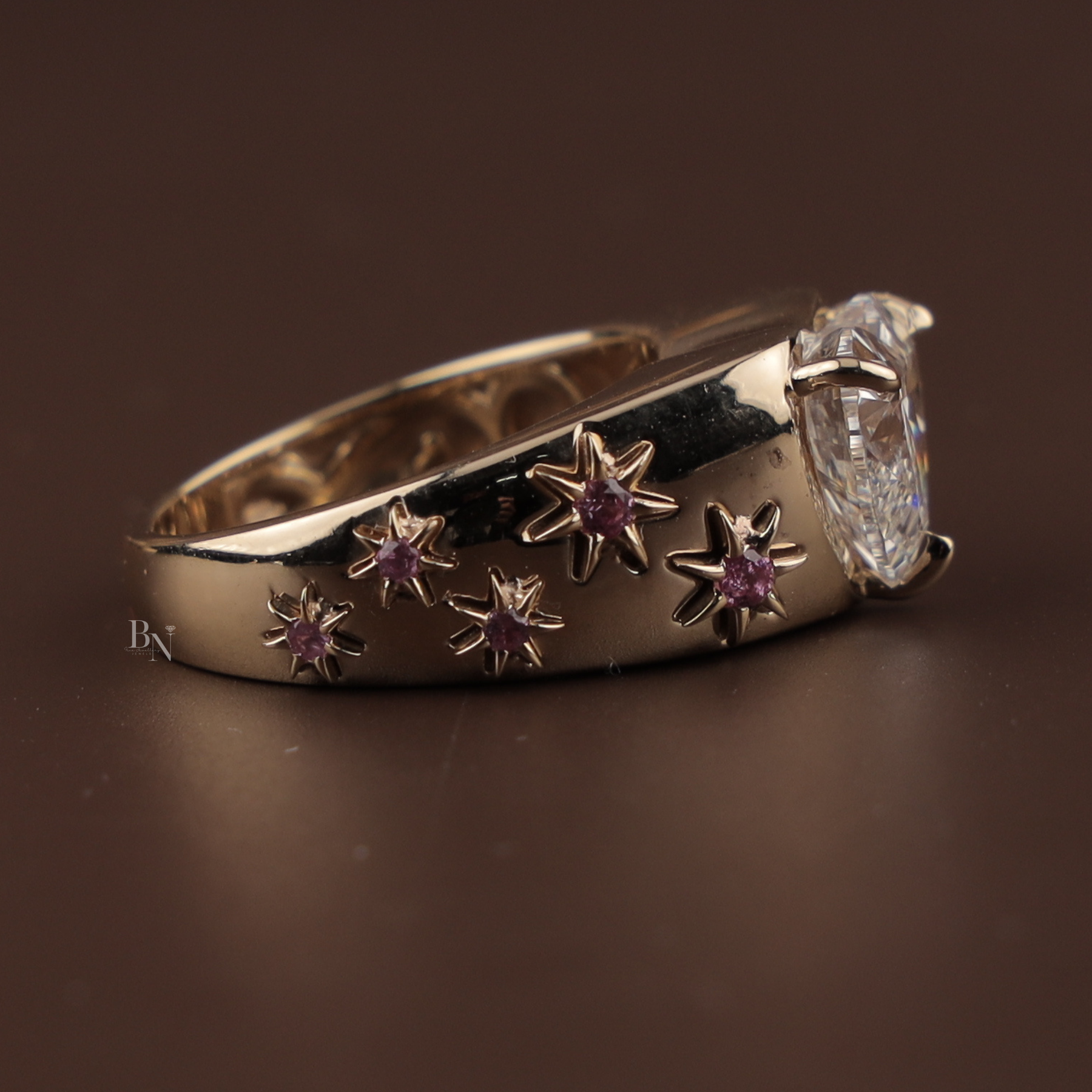 3ct Heart Cut Lab Grown Diamond Engagement Ring | Celestial Star Setting Pink Sapphire Accents 14K Yellow Gold