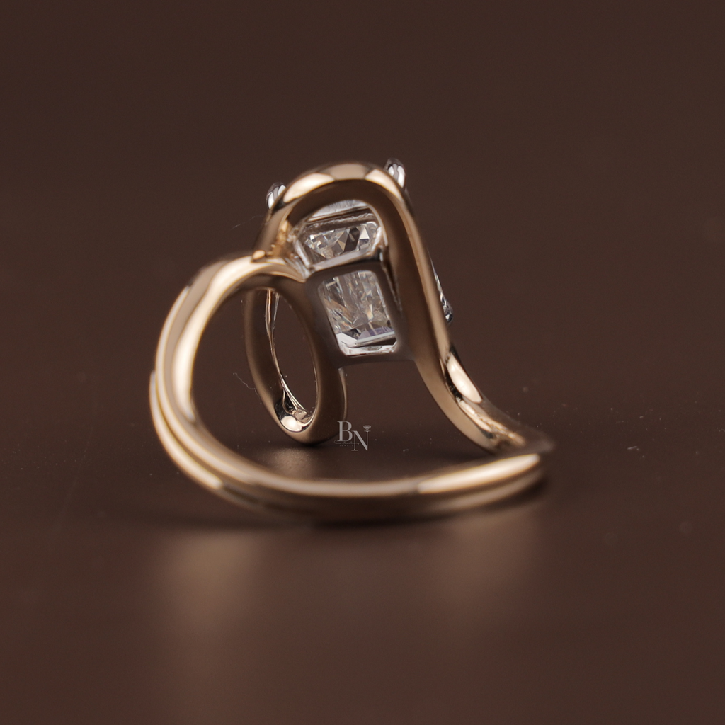 4ct Emerald Cut Lab Grown Diamond Engagement Ring | 14K Rose Gold East West Tension Setting | Swirl Bypass Solitaire | IGI Certified Jewelry (Copy)