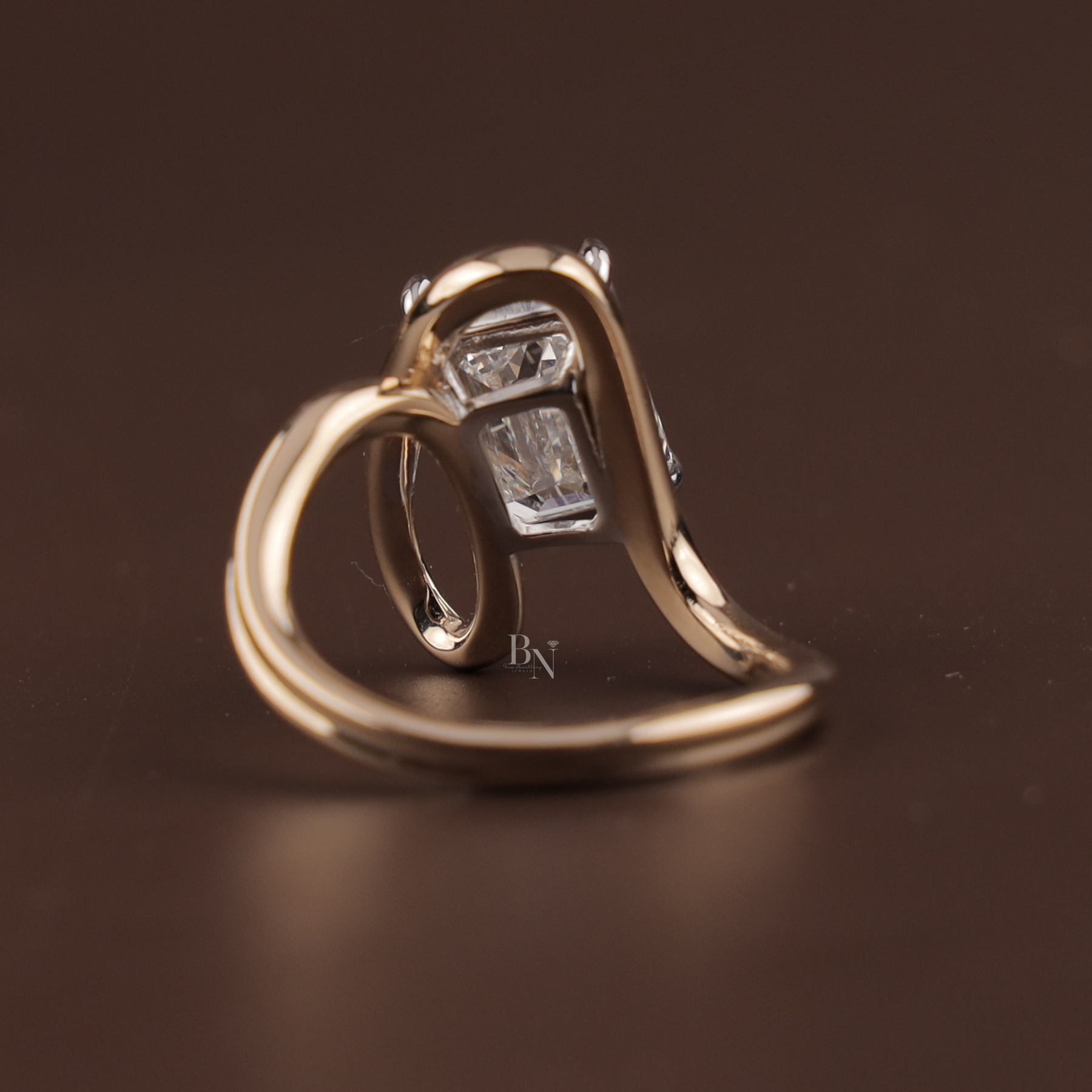 4ct Emerald Cut Lab Grown Diamond Engagement Ring | East West Tension Swirl Bypass Solitaire 14K Rose Gold