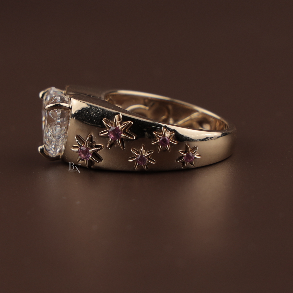 3ct Heart Cut Lab Grown Diamond Engagement Ring | 14K Yellow Gold Celestial Star Setting | Pink Sapphire Accents | IGI Certified Ring