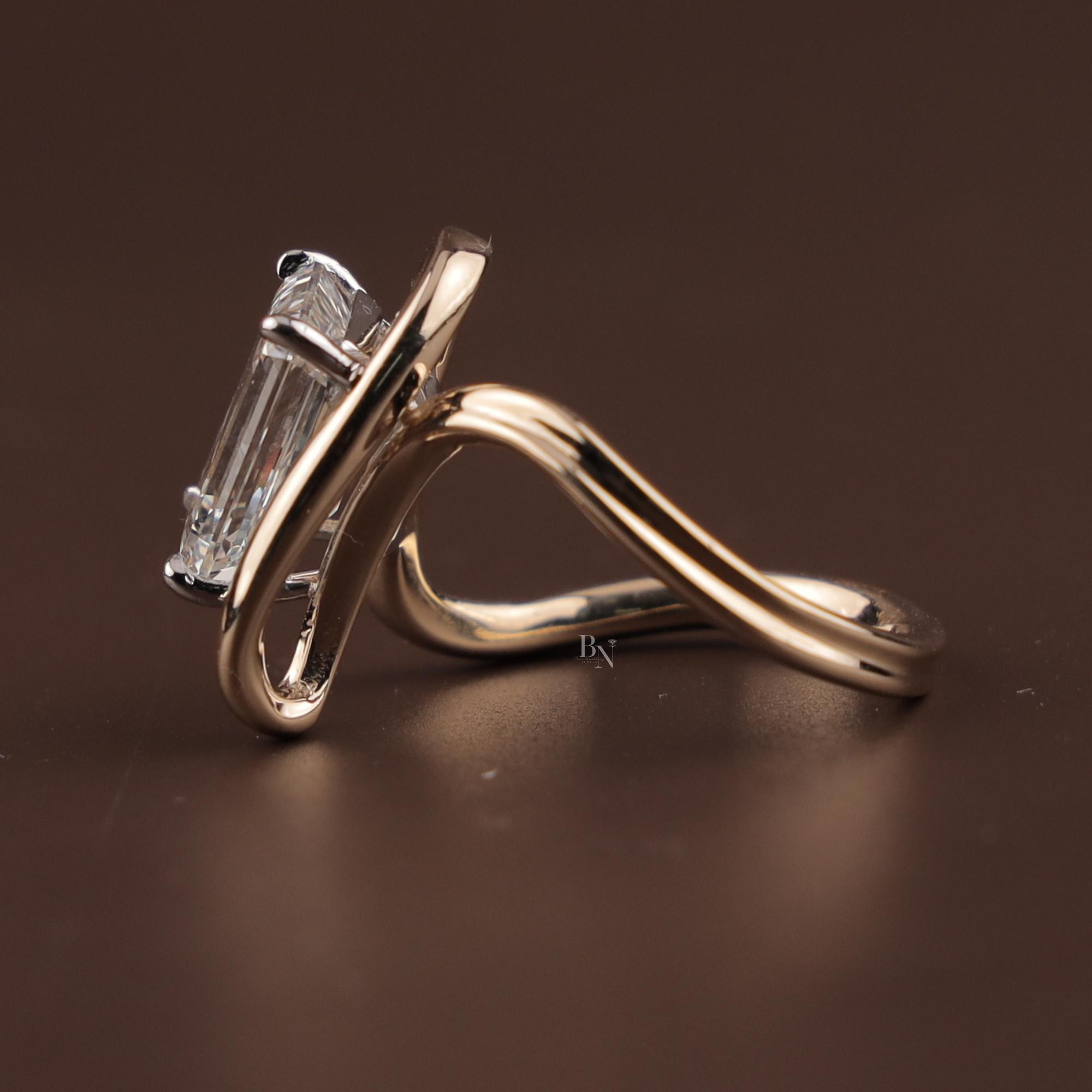 4ct Emerald Cut Lab Grown Diamond Engagement Ring | 14K Rose Gold East West Tension Setting | Swirl Bypass Solitaire | IGI Certified Jewelry (Copy)