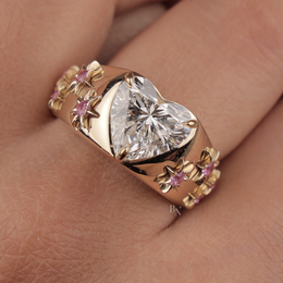3ct Heart Cut Lab Grown Diamond Engagement Ring | Celestial Star Setting Pink Sapphire Accents 14K Yellow Gold