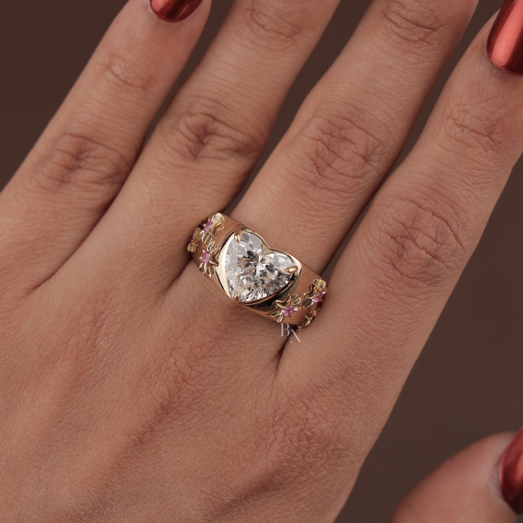 3ct Heart Cut Lab Grown Diamond Engagement Ring | 14K Yellow Gold Celestial Star Setting | Pink Sapphire Accents | IGI Certified Ring