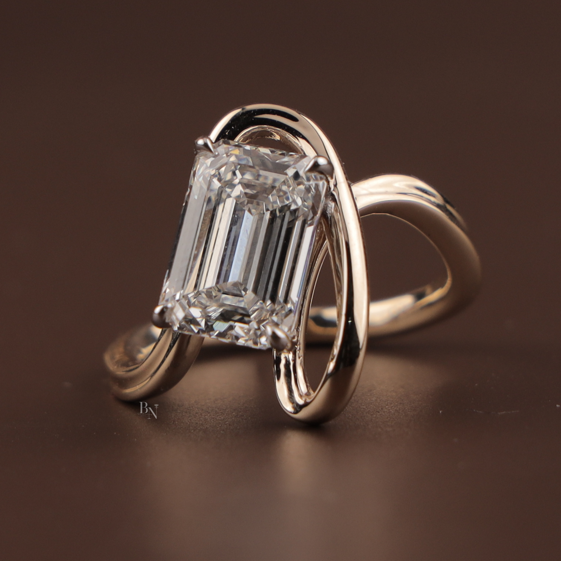 4ct Emerald Cut Lab Grown Diamond Engagement Ring | East West Tension Swirl Bypass Solitaire 14K Rose Gold