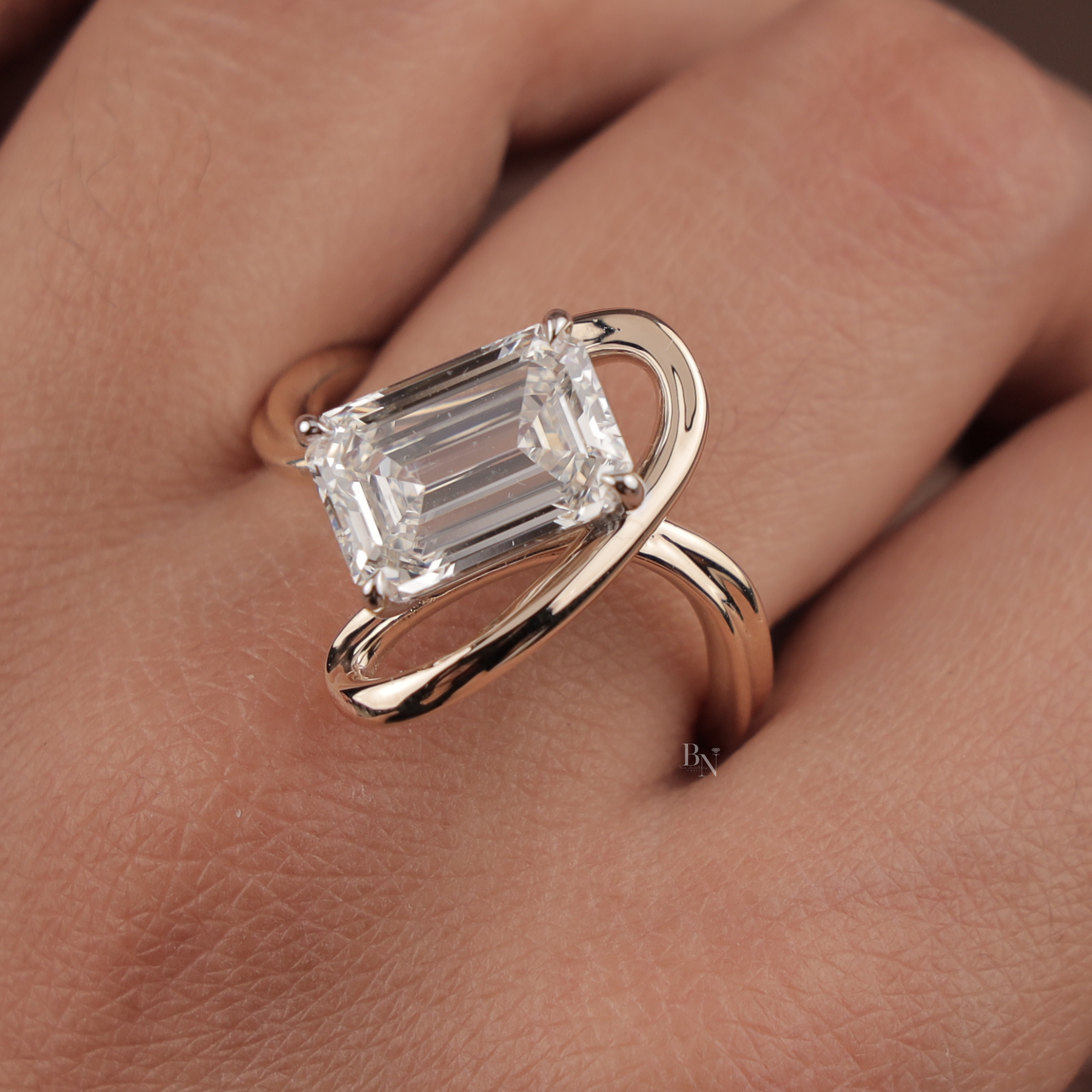 4ct Emerald Cut Lab Grown Diamond Engagement Ring | East West Tension Swirl Bypass Solitaire 14K Rose Gold