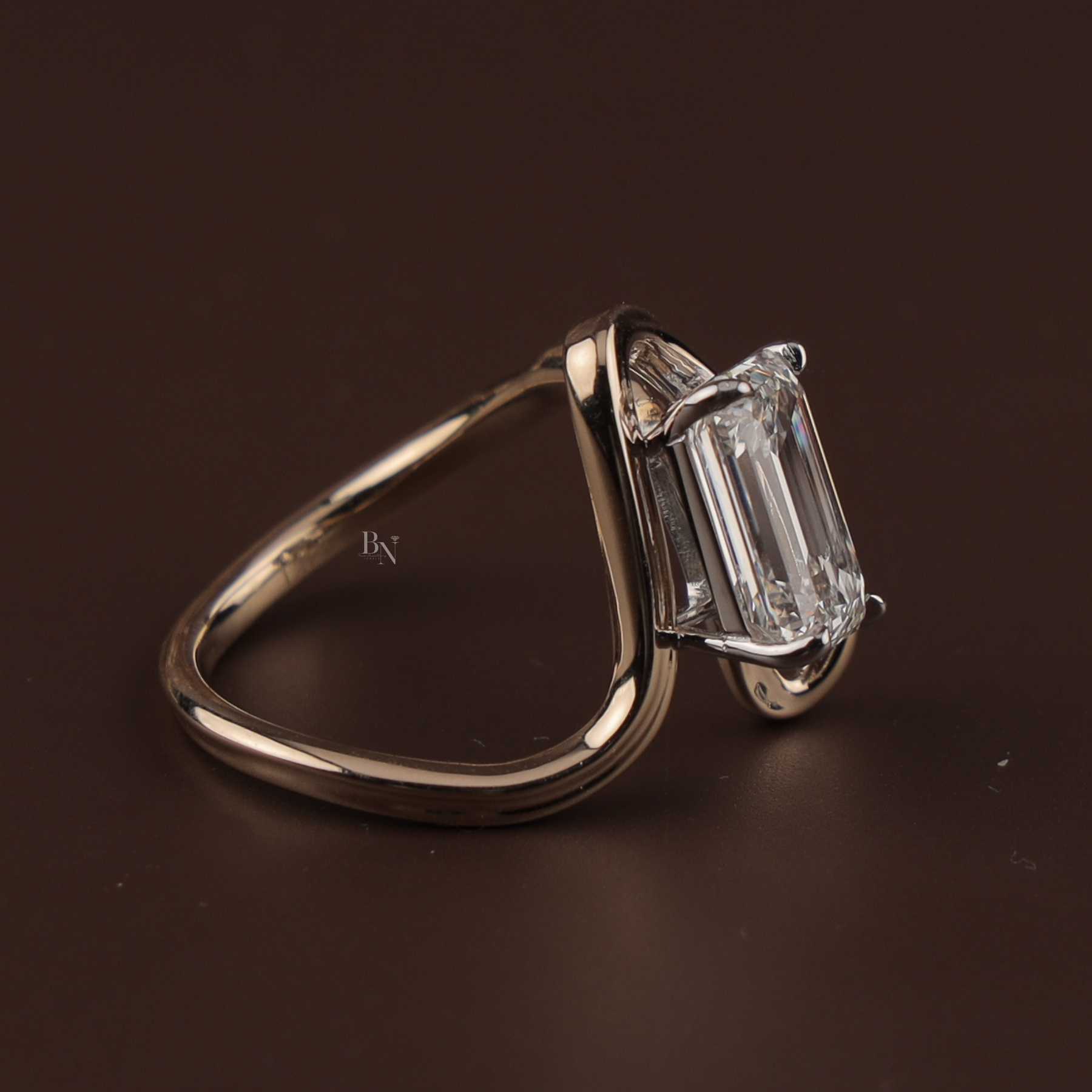 4ct Emerald Cut Lab Grown Diamond Engagement Ring | East West Tension Swirl Bypass Solitaire 14K Rose Gold