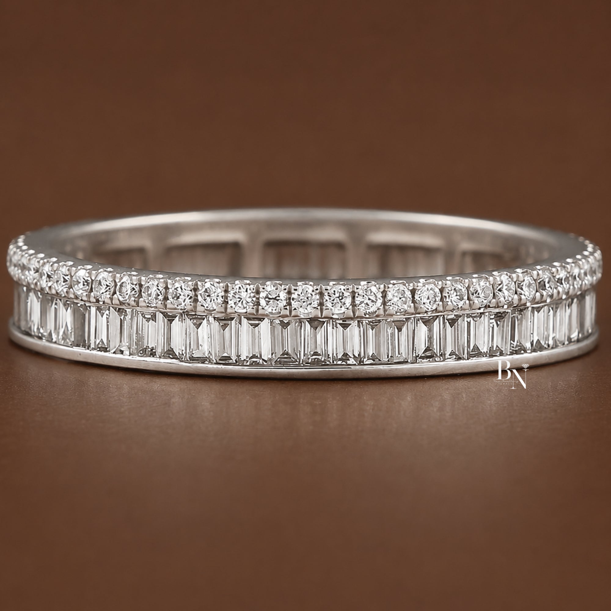 Eternity band featuring a row of baguette lab diamonds and a row of round brilliant cut diamonds, set in 14k gold for a sophisticated bridal stack.