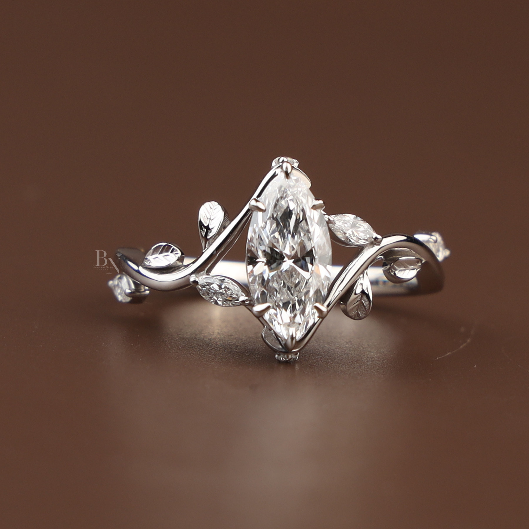1ct Marquise Lab Grown Diamond Engagement Ring | Nature Vine Leaf Setting 14K White Gold