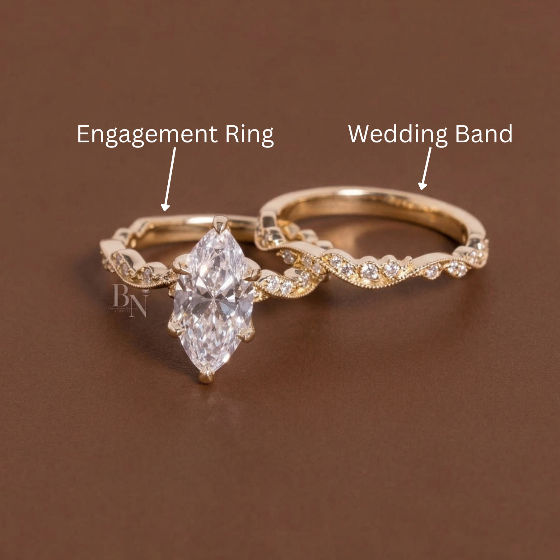3ct Marquise Lab Grown Diamond Engagement Ring | Vintage Vine Wedding Band Solitaire 14K Yellow Gold