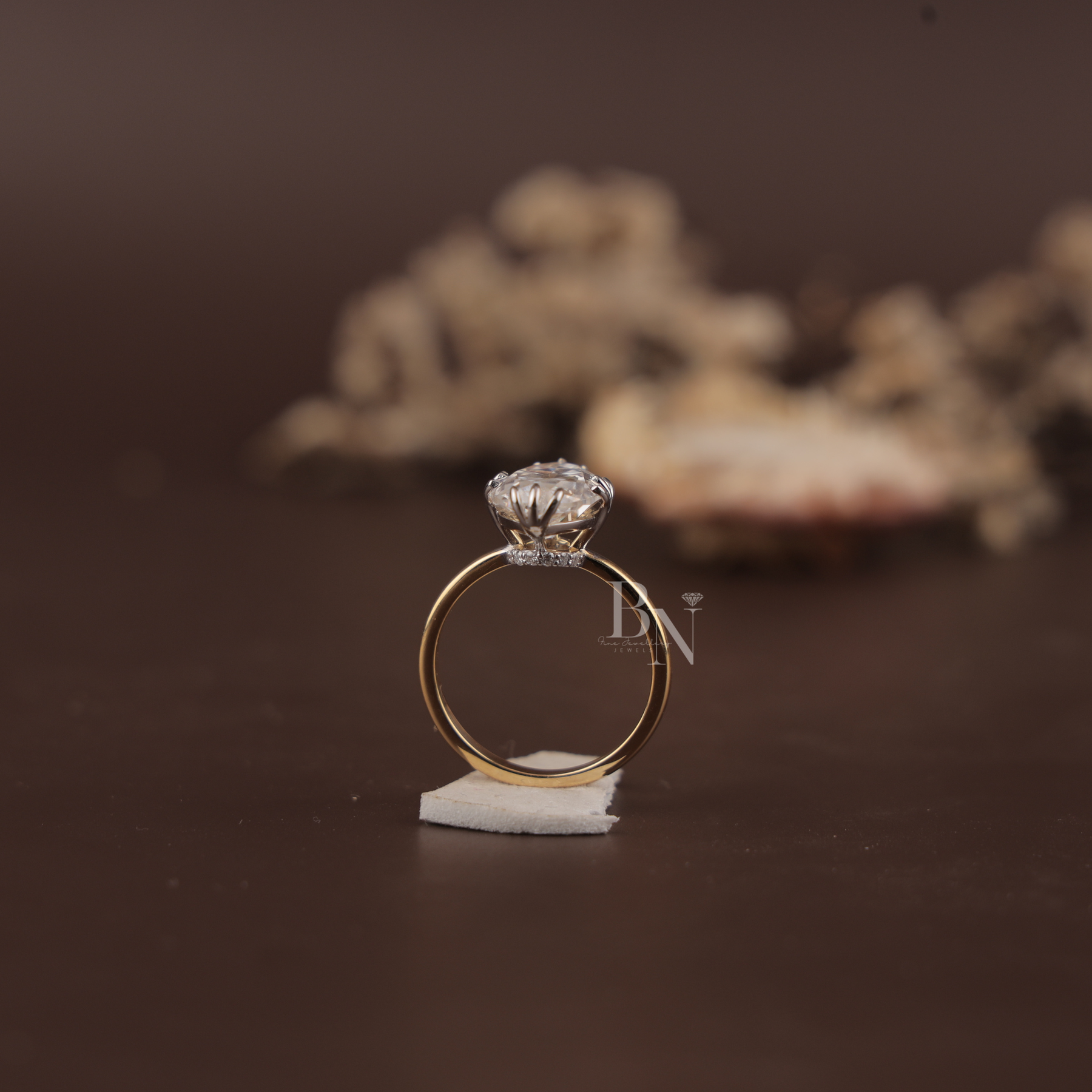 3ct Old Mine Moval Lab Grown Diamond Engagement Ring | Two Tone Hidden Halo Claw Prong 14K Gold
