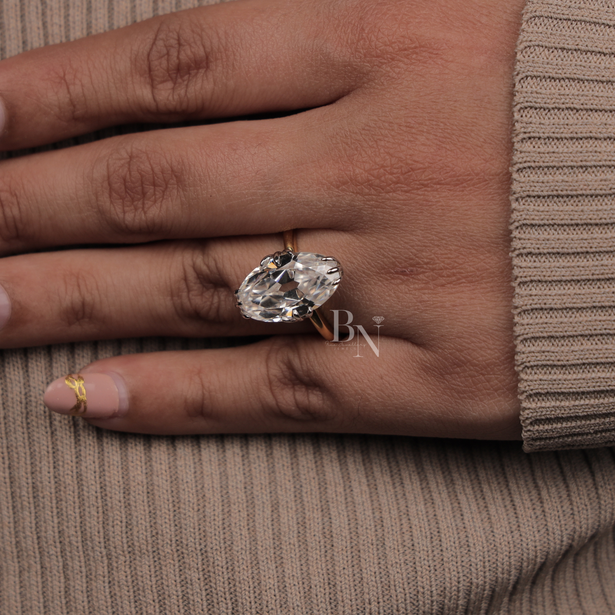 3ct Old Mine Moval Lab Diamond Engagement Ring | Elongated Antique Movall Cut | 14K Two Tone Gold Hidden Halo | Claw Prong Bridal Ring | IGI