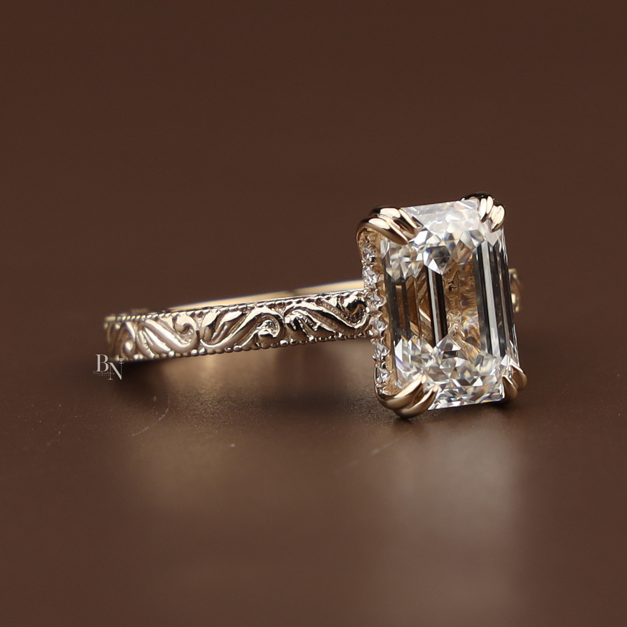 3ct Emerald Cut Lab Grown Diamond Engagement Ring | Vintage Engraved Gold Solitaire | Art Deco Antique Inspired |