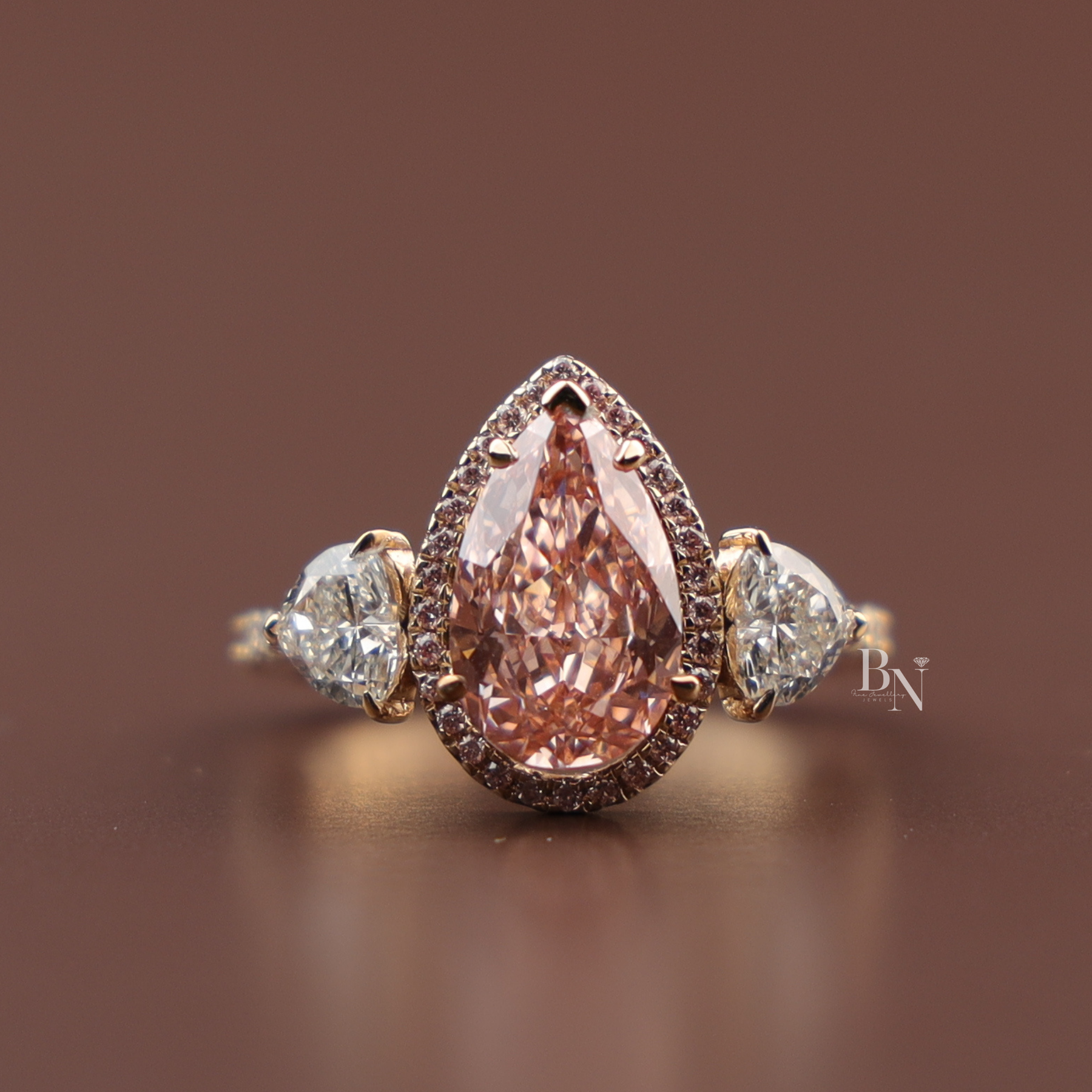 2ct Fancy Pink Pear Lab Grown Diamond Engagement Ring | Three Stone Halo Pavé Cluster 14K Rose Gold
