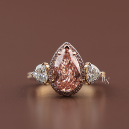 2ct Fancy Pink Pear Lab Grown Diamond Engagement Ring | Three Stone Halo Pavé Cluster 14K Rose Gold