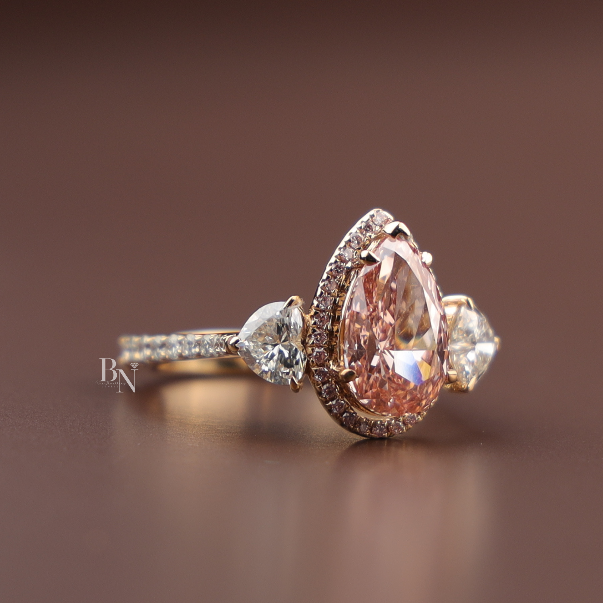 2ct Fancy Pink Pear Lab Grown Diamond Engagement Ring | 14K Rose Gold Three Stone Halo | Pave Side Cluster Pear Diamond