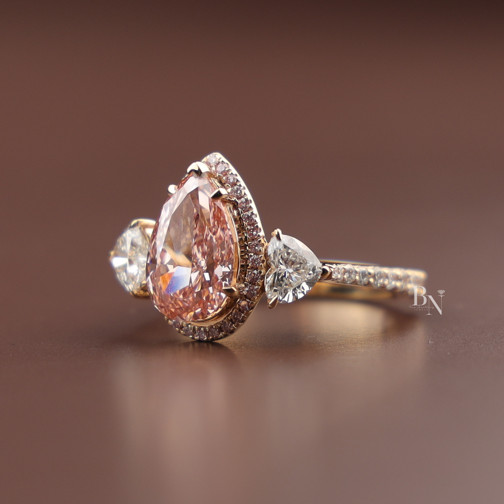 2ct Fancy Pink Pear Lab Grown Diamond Engagement Ring | 14K Rose Gold Three Stone Halo | Pave Side Cluster Pear Diamond