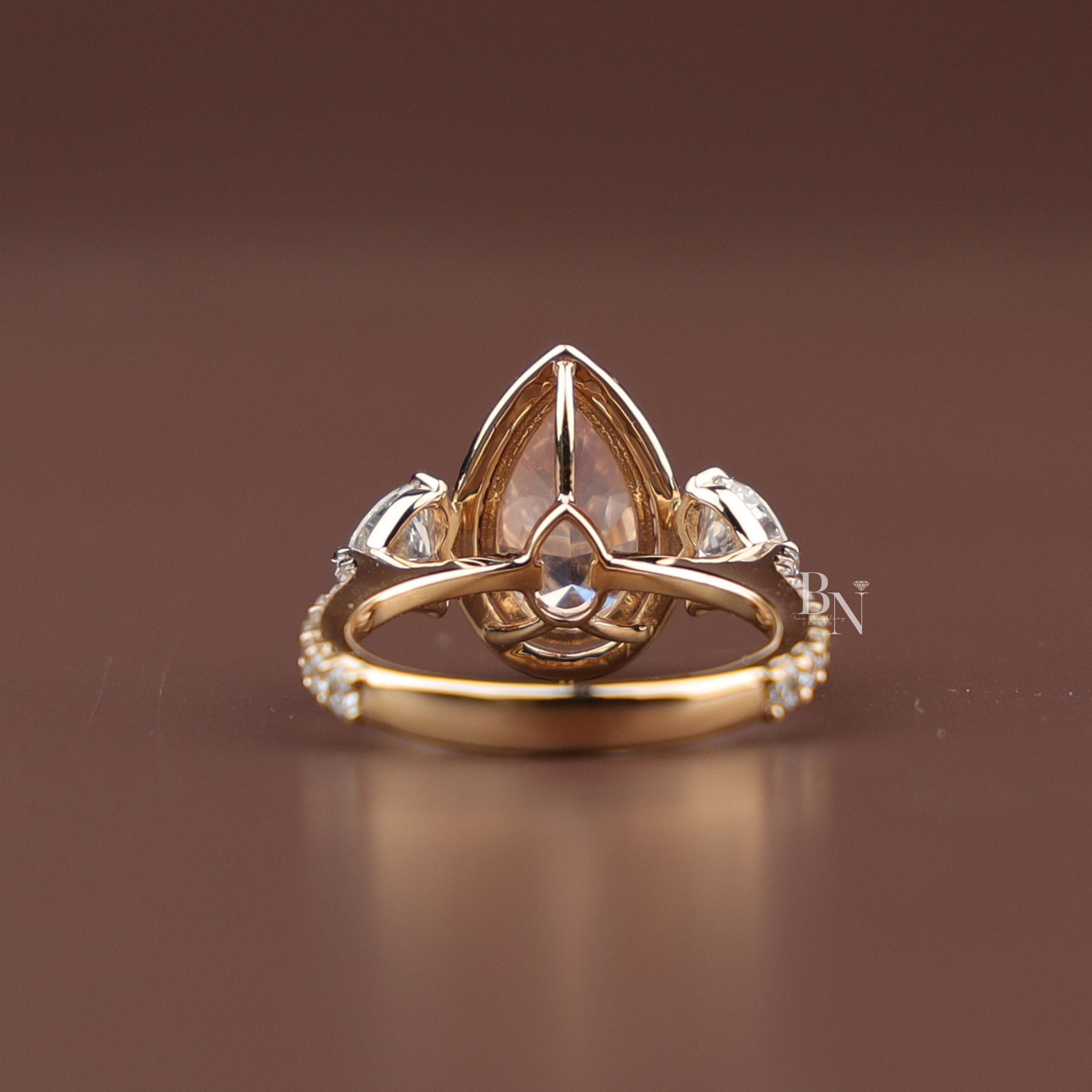 2ct Fancy Pink Pear Lab Grown Diamond Engagement Ring | Three Stone Halo Pavé Cluster 14K Rose Gold