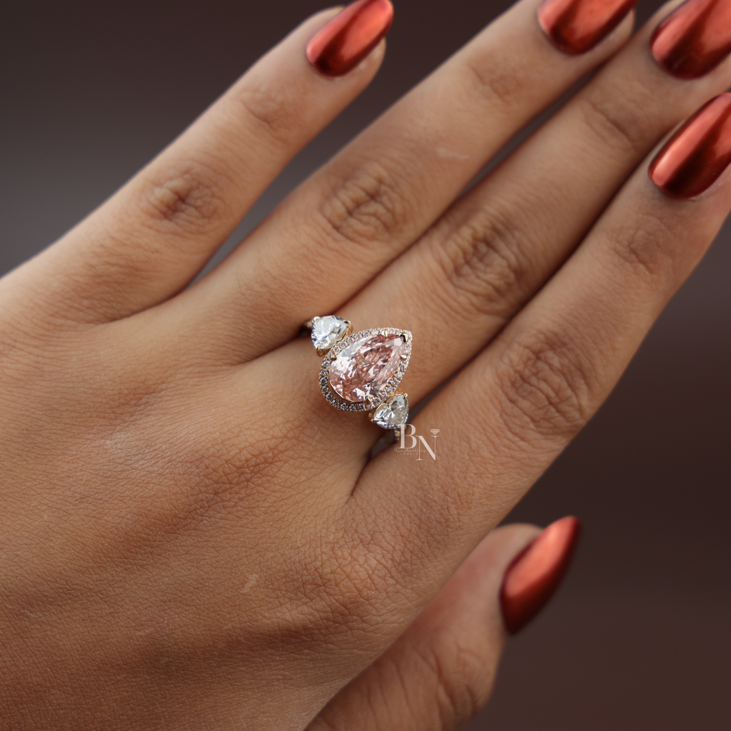 2ct Fancy Pink Pear Lab Grown Diamond Engagement Ring | 14K Rose Gold Three Stone Halo | Pave Side Cluster Pear Diamond