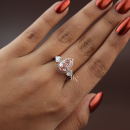 2ct Fancy Pink Pear Lab Grown Diamond Engagement Ring | Three Stone Halo Pavé Cluster 14K Rose Gold
