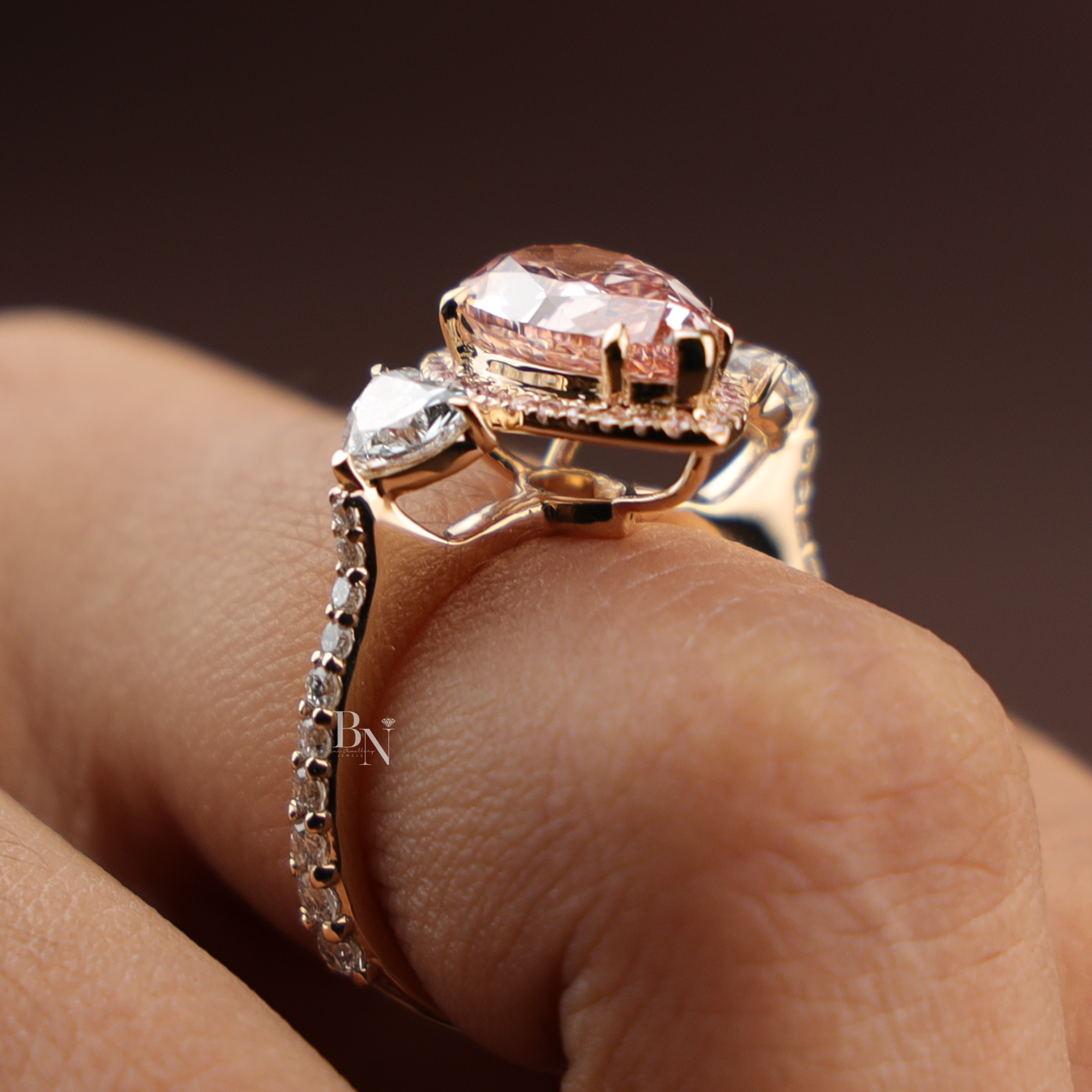 2ct Fancy Pink Pear Lab Grown Diamond Engagement Ring | 14K Rose Gold Three Stone Halo | Pave Side Cluster Pear Diamond
