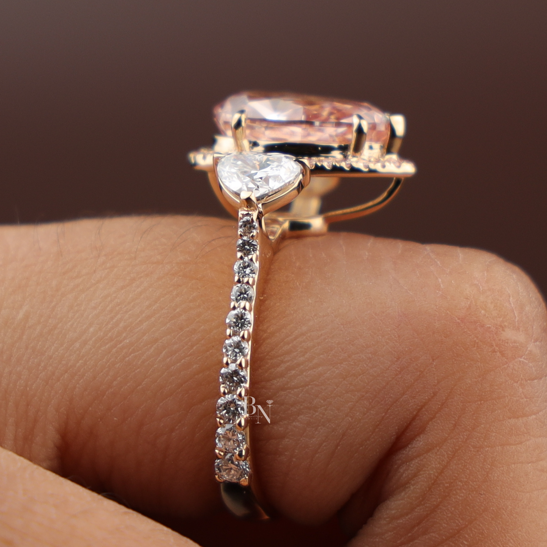 2ct Fancy Pink Pear Lab Grown Diamond Engagement Ring | Three Stone Halo Pavé Cluster 14K Rose Gold