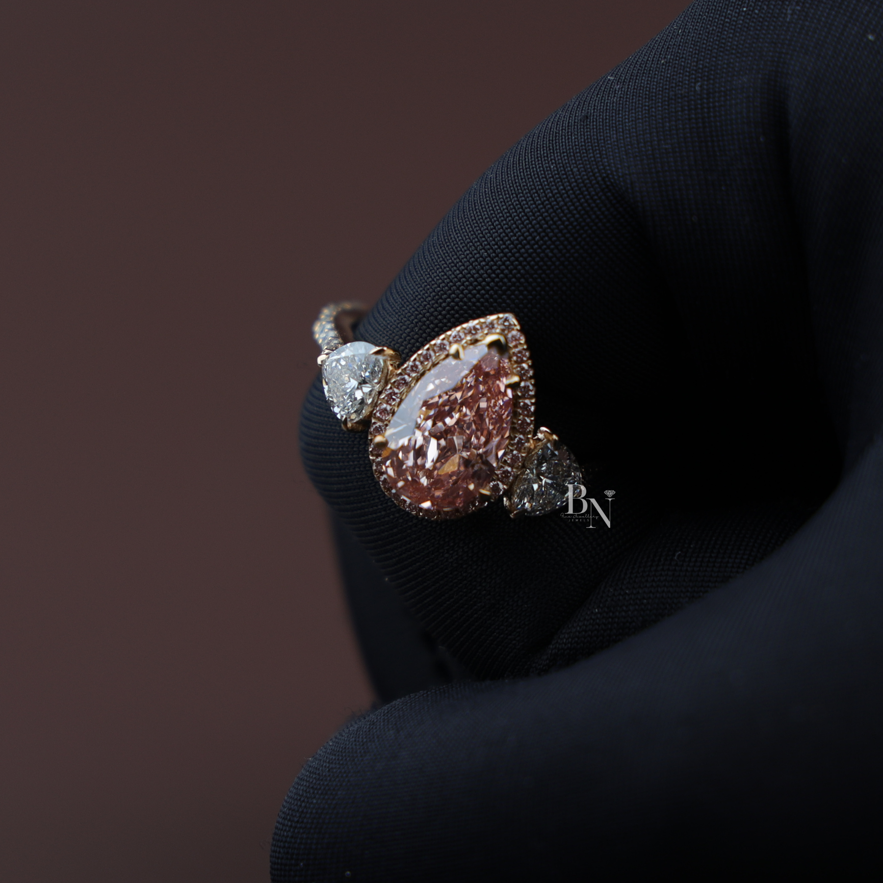 2ct Fancy Pink Pear Lab Grown Diamond Engagement Ring | Three Stone Halo Pavé Cluster 14K Rose Gold
