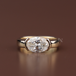 3ct East West Oval Cut Lab Grown Diamond Engagement Ring | Bezel Solitaire Horizontal Plain Band 14K Yellow Gold