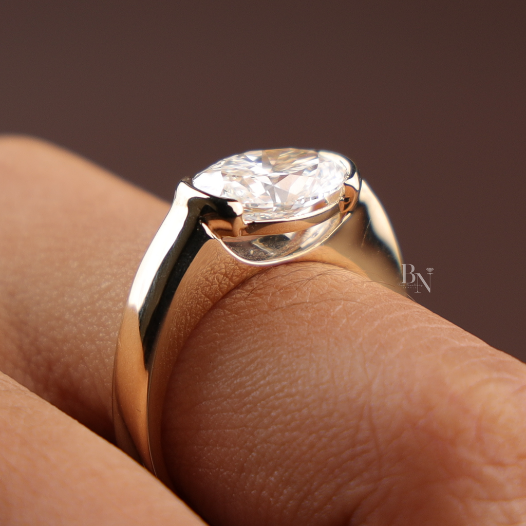 3ct East West Oval Cut Lab Grown Diamond Engagement Ring | 14K Yellow Gold Bezel Solitaire | Horizontal Oval Plain Band