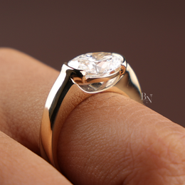 3ct East West Oval Cut Lab Grown Diamond Engagement Ring | Bezel Solitaire Horizontal Plain Band 14K Yellow Gold