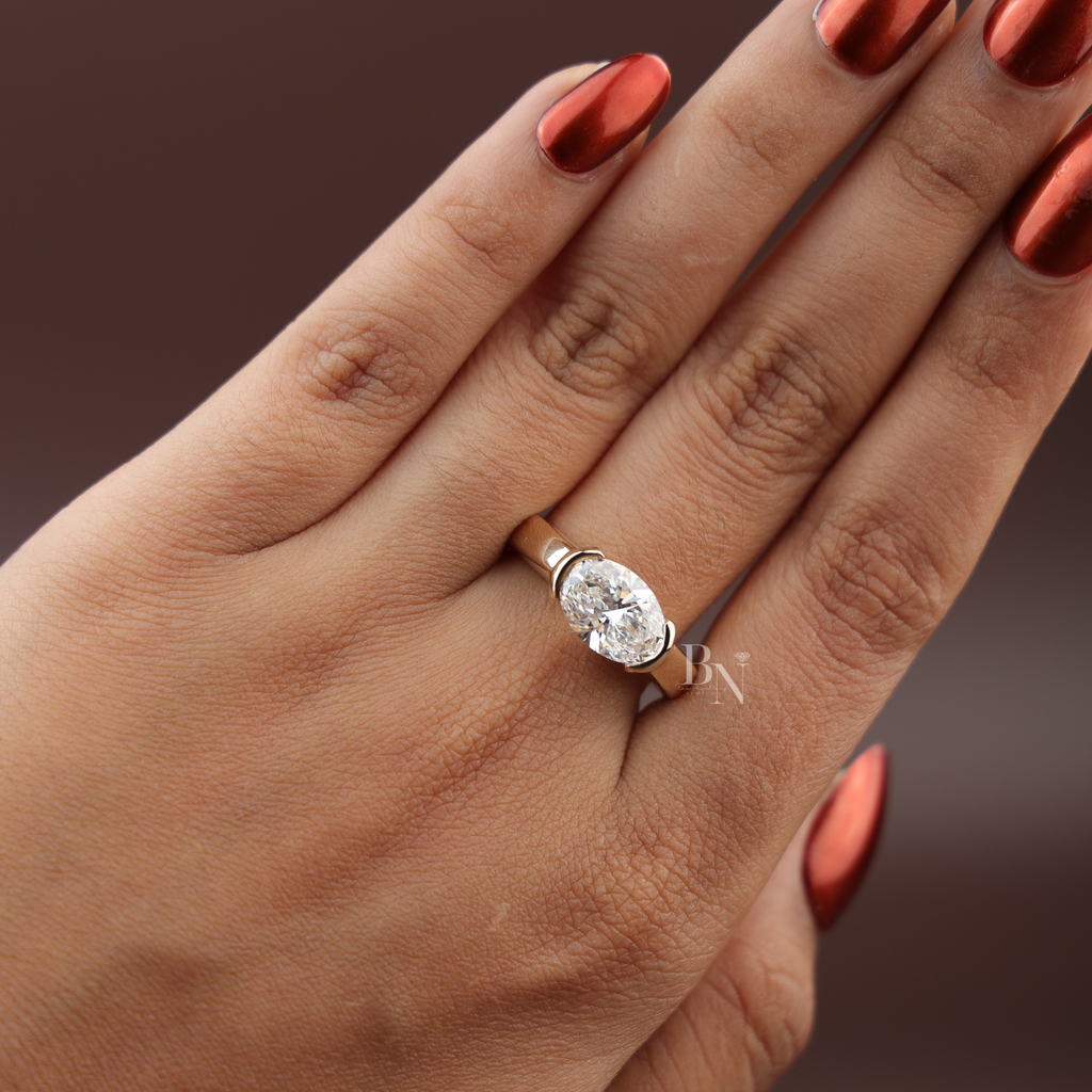 3ct East West Oval Cut Lab Grown Diamond Engagement Ring | 14K Yellow Gold Bezel Solitaire | Horizontal Oval Plain Band
