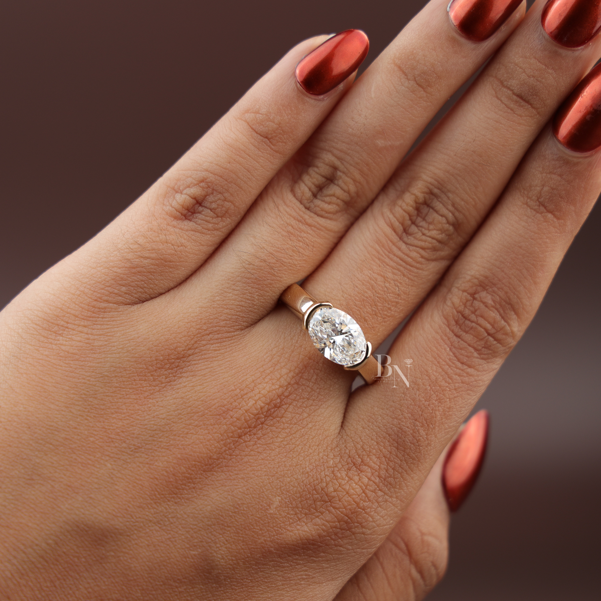 3ct East West Oval Cut Lab Grown Diamond Engagement Ring | 14K Yellow Gold Bezel Solitaire | Horizontal Oval Plain Band