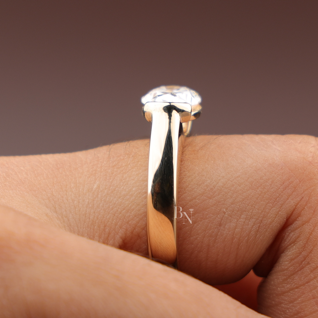 3ct East West Oval Cut Lab Grown Diamond Engagement Ring | 14K Yellow Gold Bezel Solitaire | Horizontal Oval Plain Band