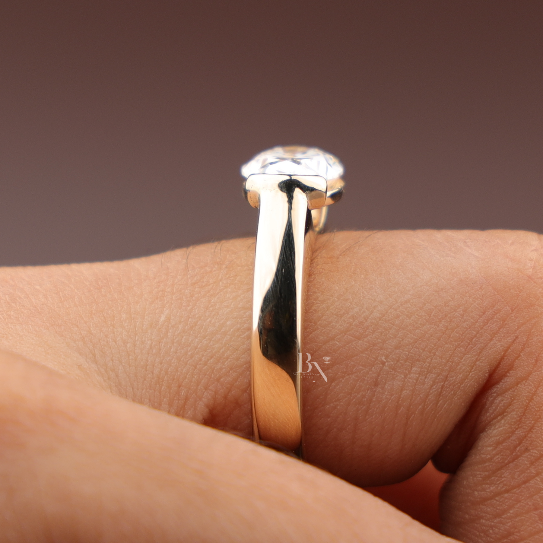 3ct East West Oval Cut Lab Grown Diamond Engagement Ring | Bezel Solitaire Horizontal Plain Band 14K Yellow Gold