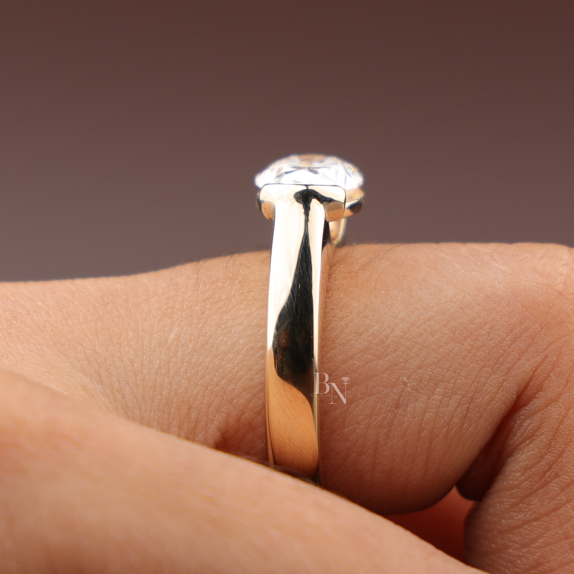 3ct East West Oval Cut Lab Grown Diamond Engagement Ring | 14K Yellow Gold Bezel Solitaire | Horizontal Oval Plain Band