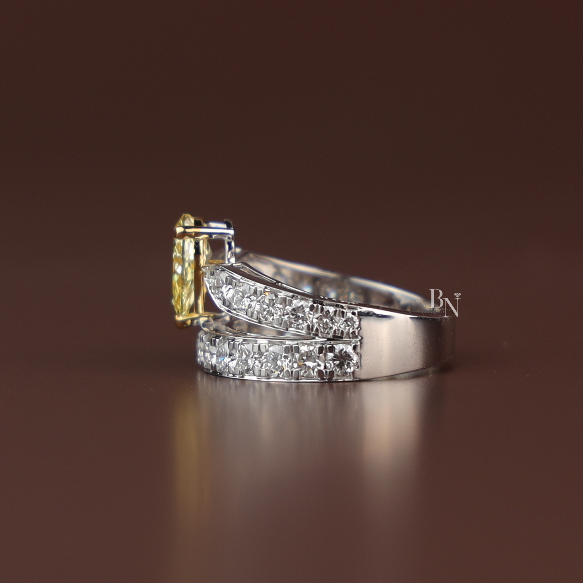 1ct Fancy Canary Yellow Lab Grown Diamond Bridal Set | 14K Yellow Gold Bezel Engagement Ring | Pave Chevron V Nesting Band