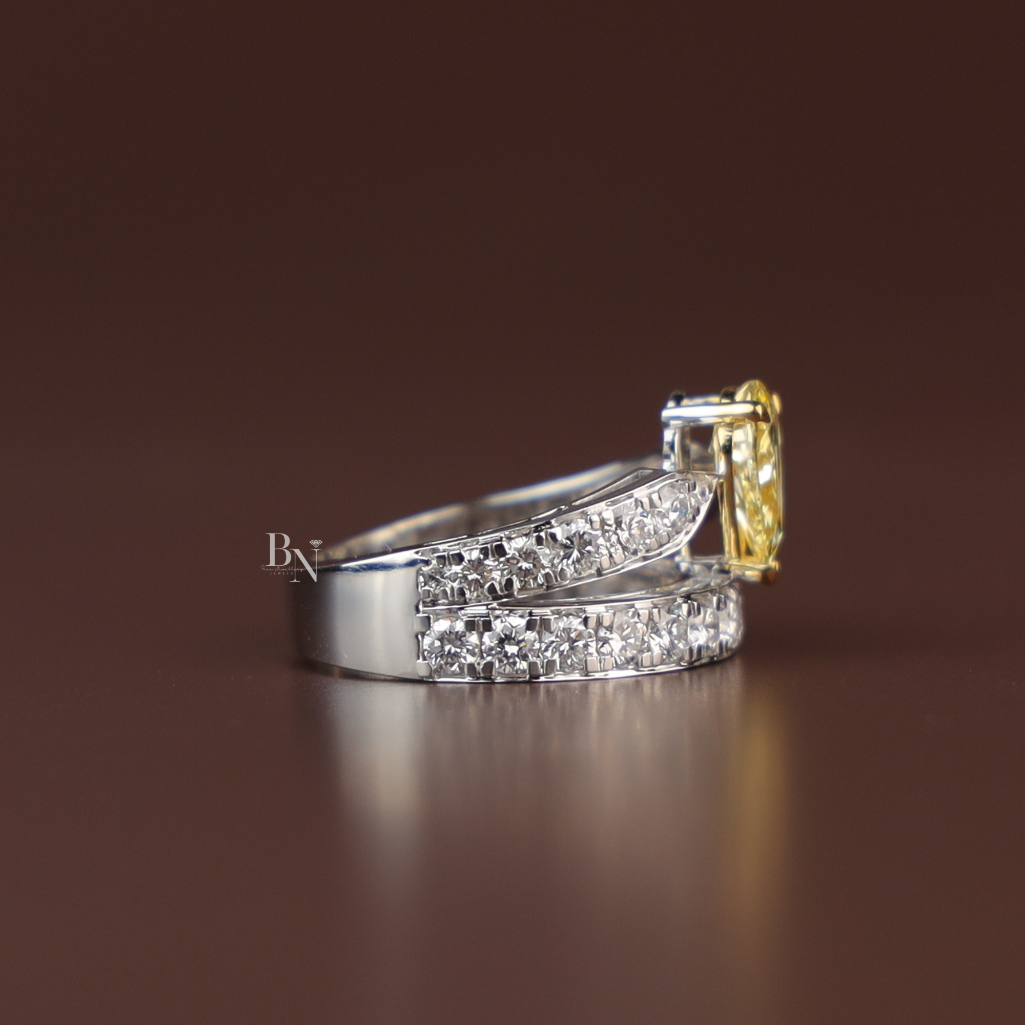 1ct Fancy Canary Yellow Lab Grown Diamond Bridal Set | 14K Yellow Gold Bezel Engagement Ring | Pave Chevron V Nesting Band