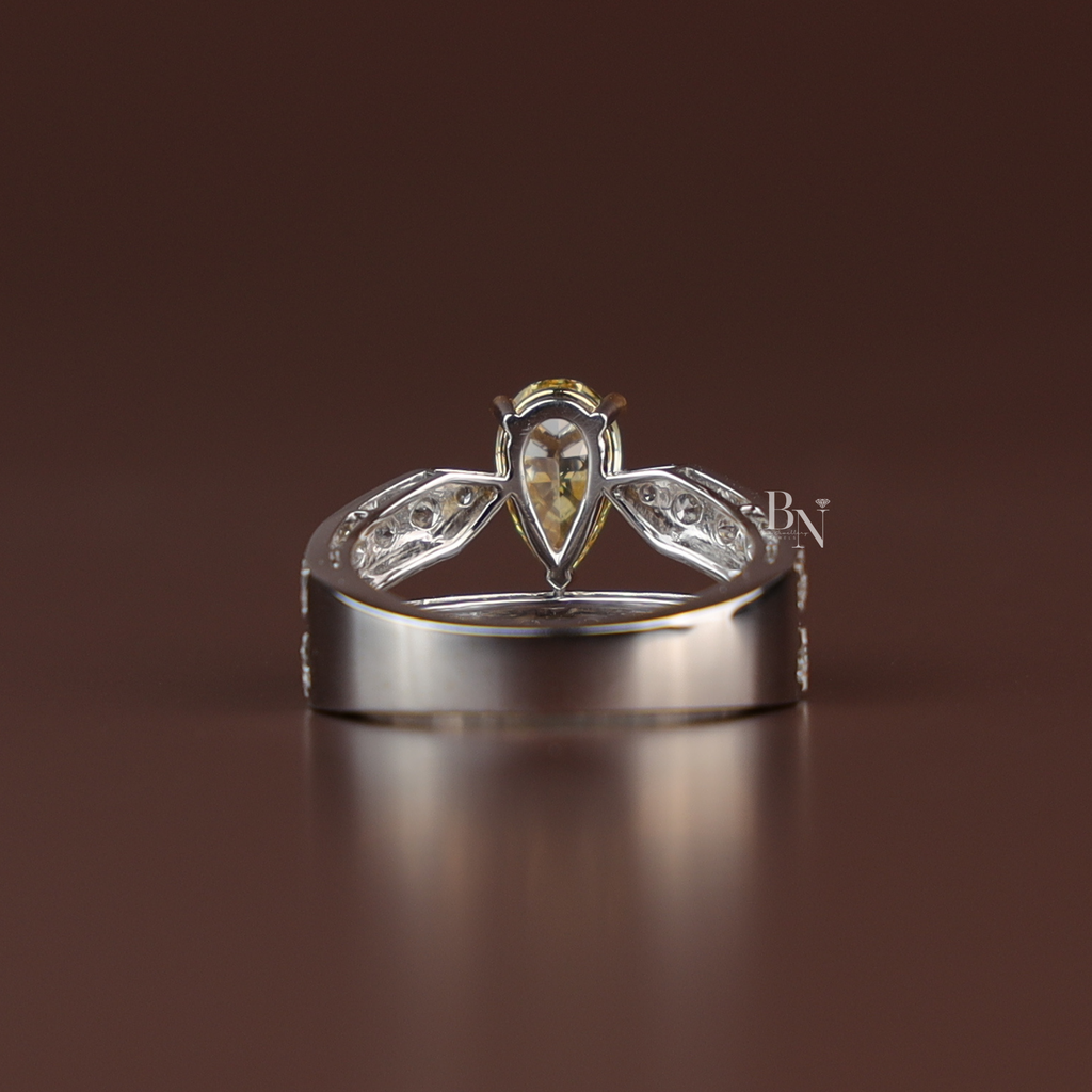 1ct Fancy Canary Yellow Lab Grown Diamond Bridal Set | 14K Yellow Gold Bezel Engagement Ring | Pave Chevron V Nesting Band