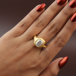 3ct Cushion Cut Lab Grown Diamond Engagement Ring | Matte Bezel Sculptural Chunky Solitaire 14K Yellow Gold