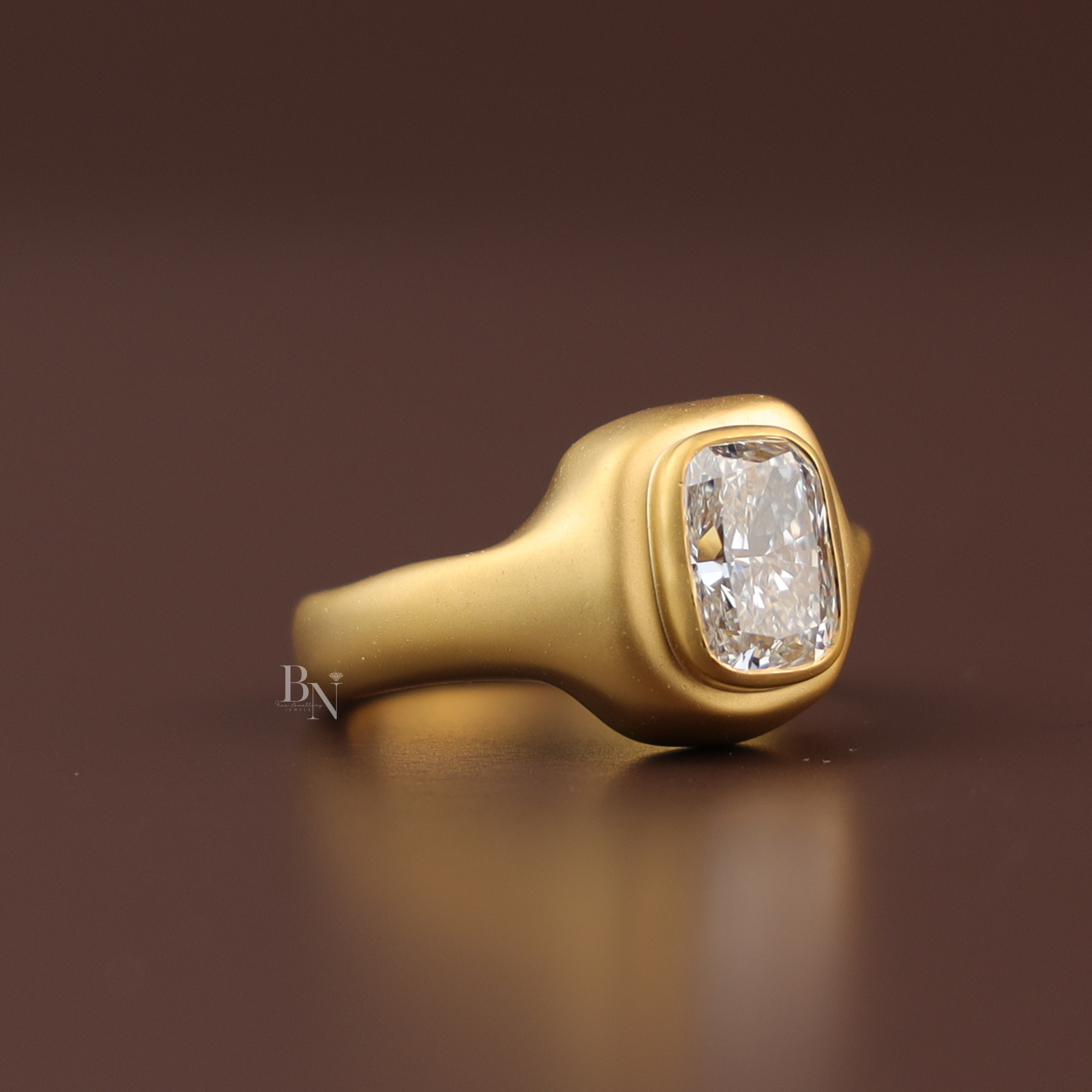 3ct Cushion Cut Lab Grown Diamond Engagement Ring | Matte Bezel Sculptural Chunky Solitaire 14K Yellow Gold