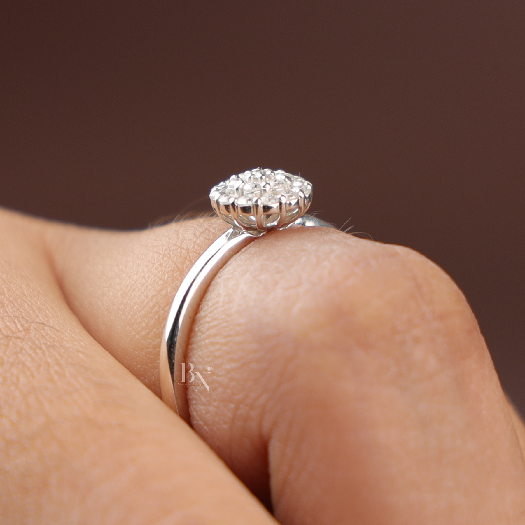 0.20ctw Round Brilliant Cut Lab Grown Diamond Ring | White Gold Composite Cluster Solitaire | Delicate Pave Band