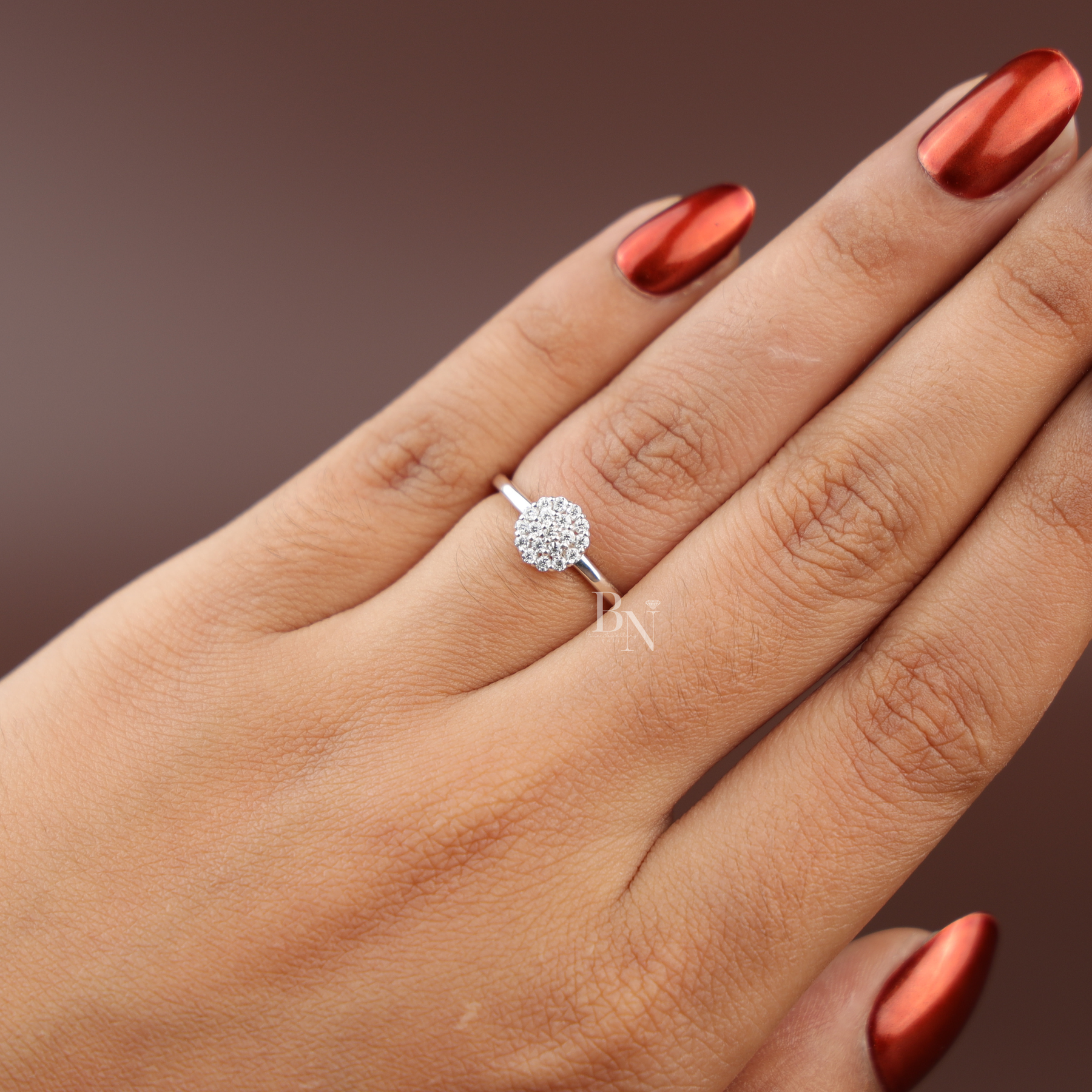 0.20ctw Round Brilliant Cut Lab Grown Diamond Ring | White Gold Composite Cluster Solitaire | Delicate Pave Band