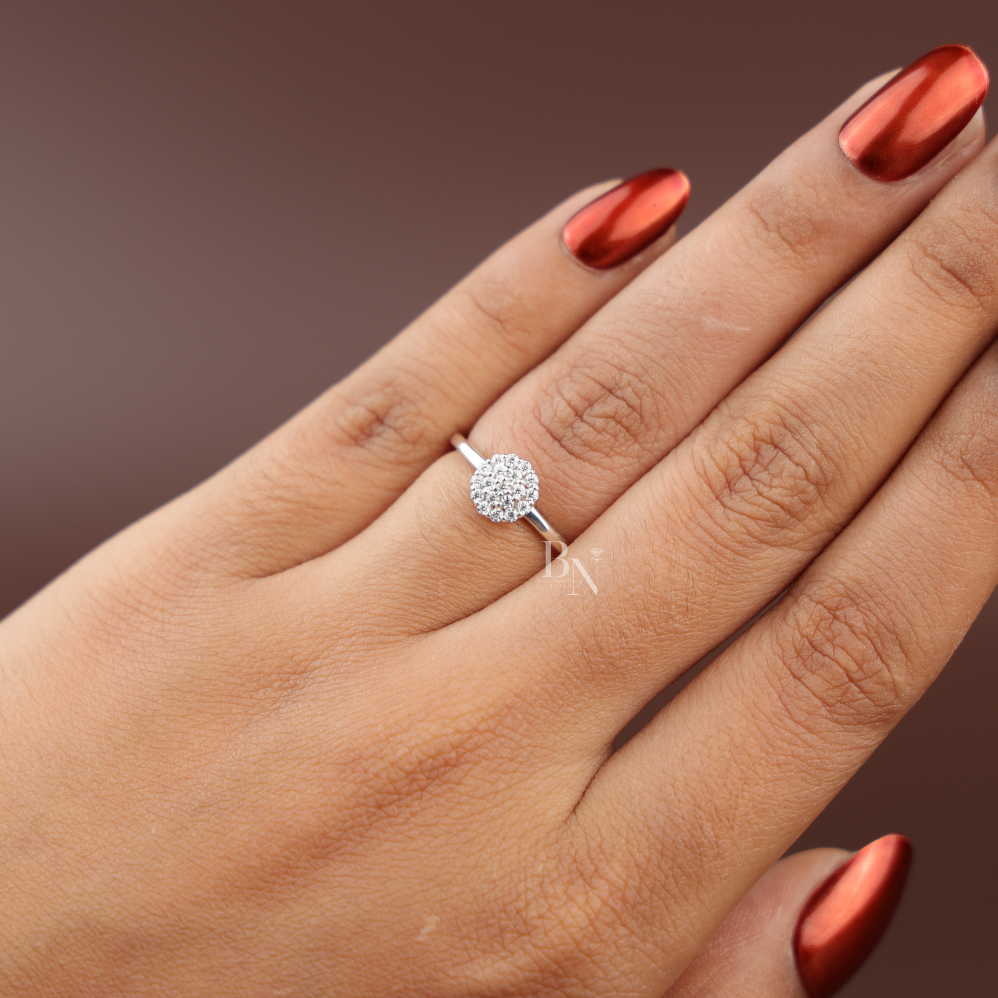 0.20ctw Round Brilliant Cut Lab Grown Diamond Ring | White Gold Composite Cluster Solitaire | Delicate Pave Band