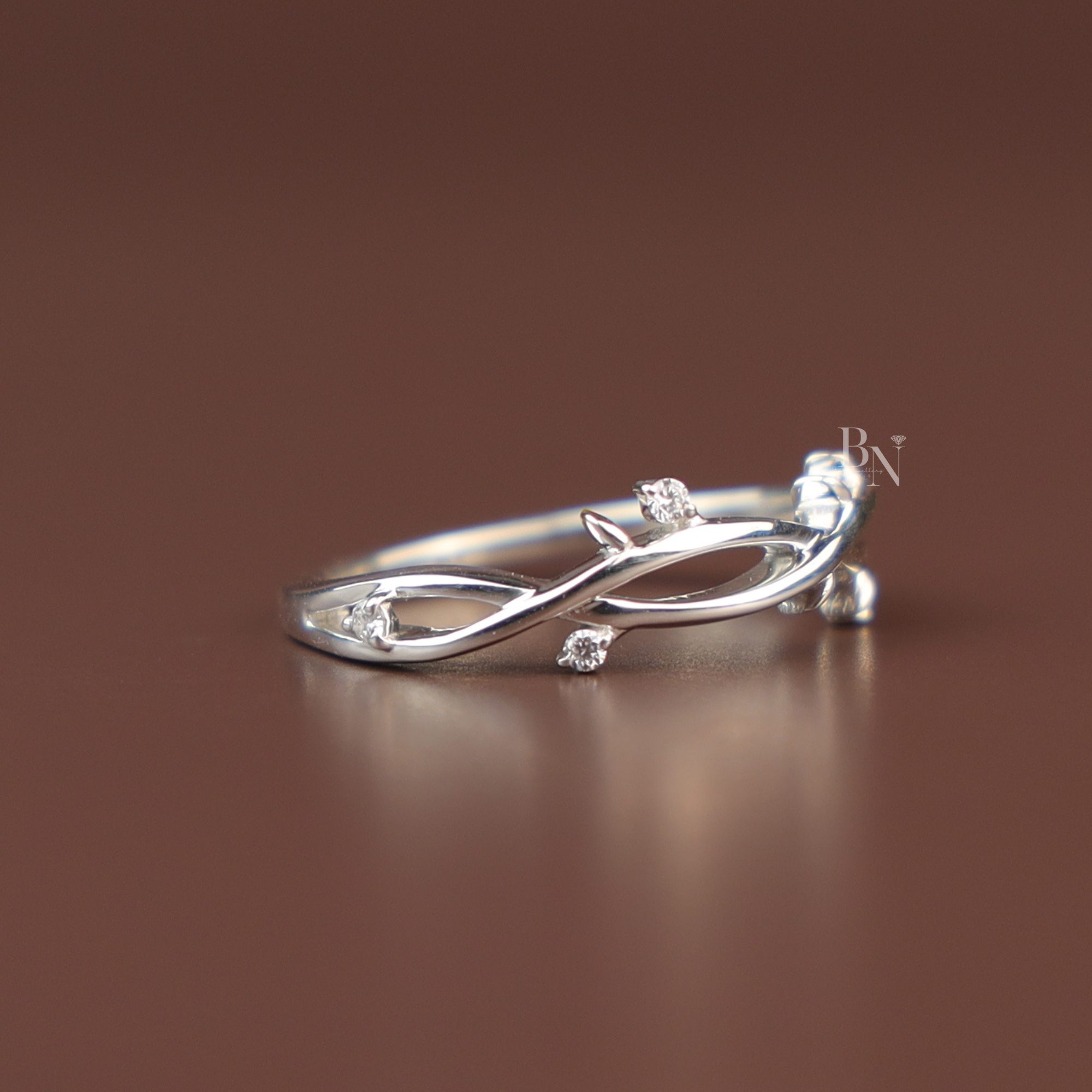 Nature Inspired Vine Engagement Ring | White Gold Twig Bridal Band | Round Brilliant Cut Lab Grown Diamond Leaf Promise Ring |