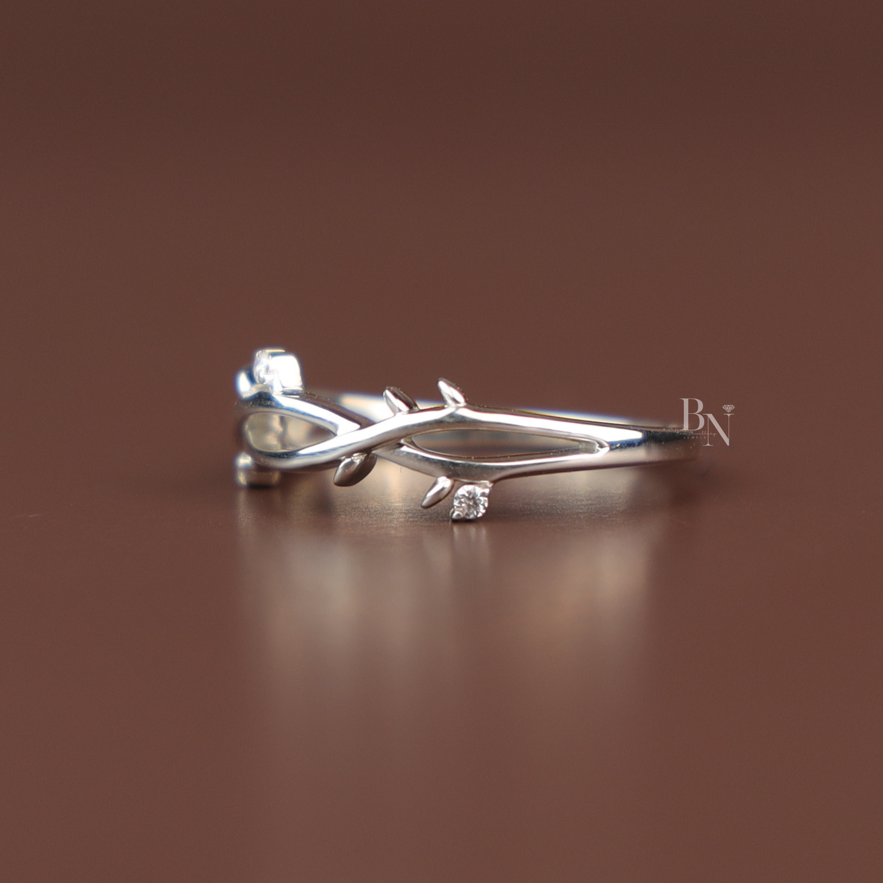 Nature Inspired Vine Engagement Ring | White Gold Twig Bridal Band | Round Brilliant Cut Lab Grown Diamond Leaf Promise Ring |