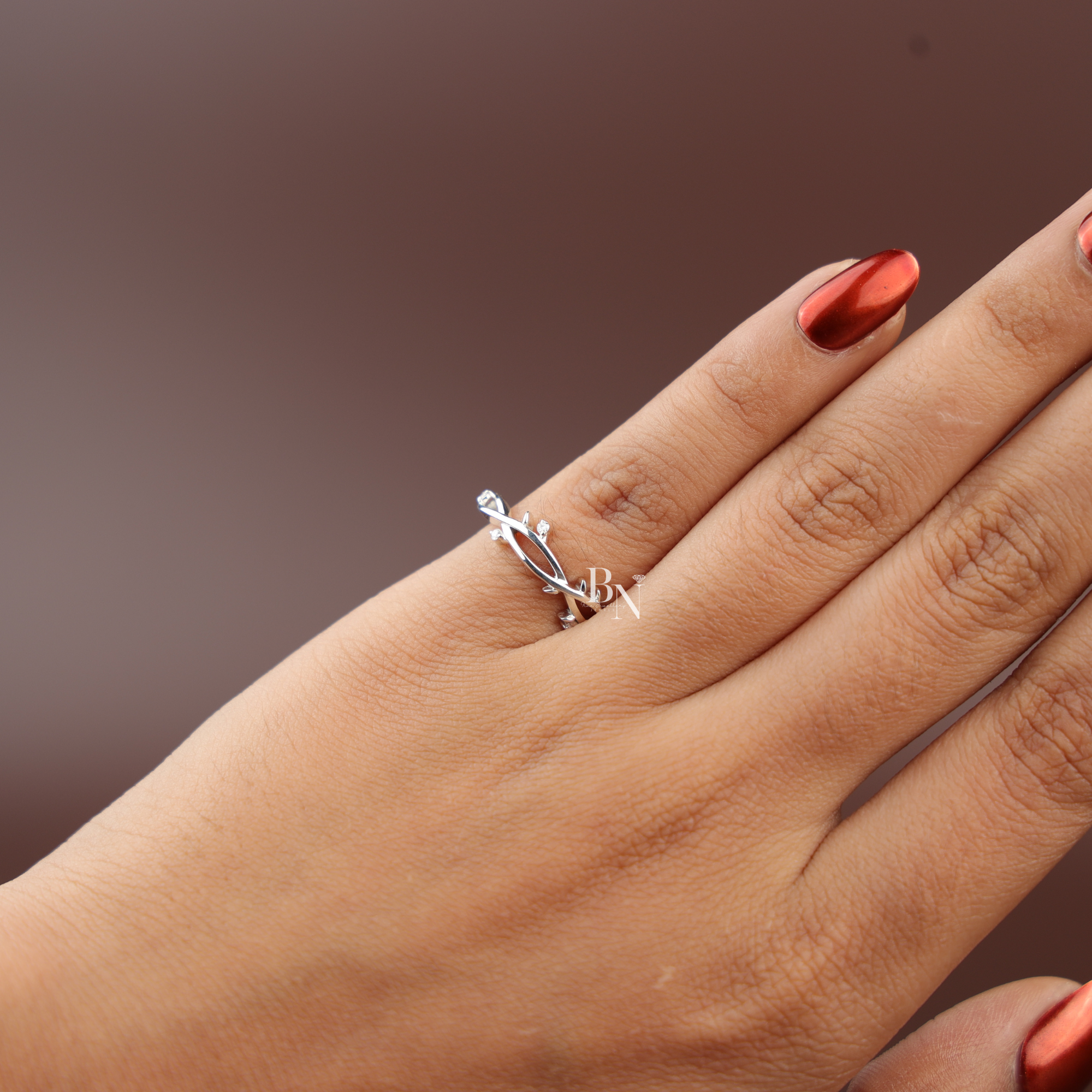 Nature Inspired Vine Engagement Ring | White Gold Twig Bridal Band | Round Brilliant Cut Lab Grown Diamond Leaf Promise Ring |