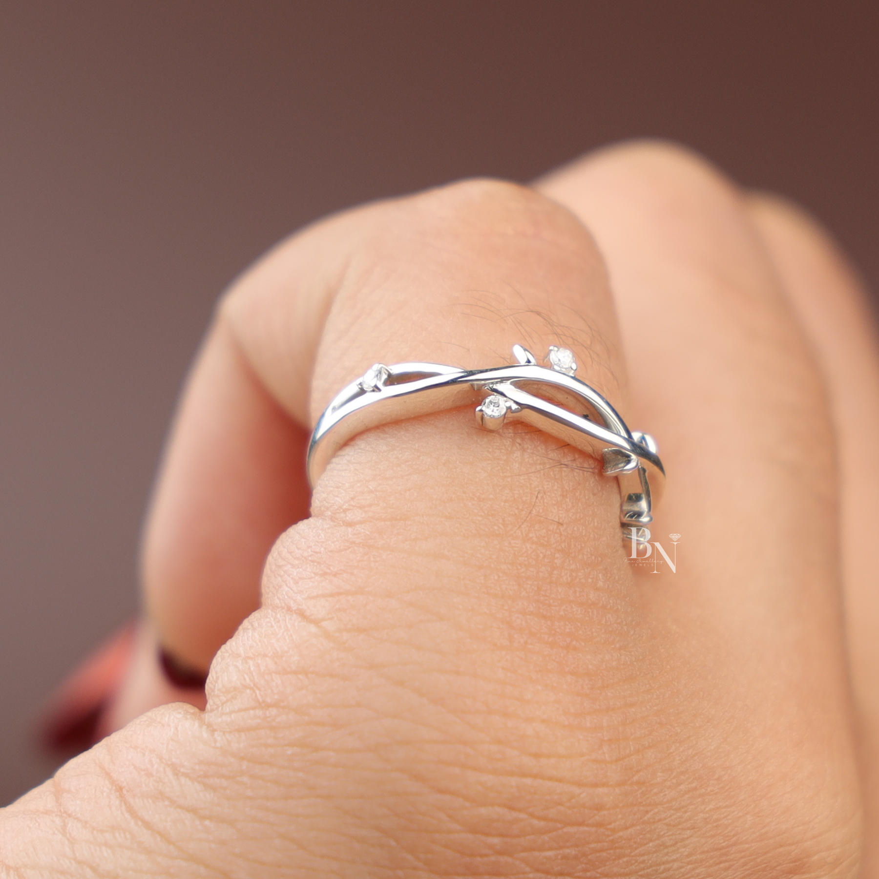 Nature Inspired Vine Engagement Ring | White Gold Twig Bridal Band | Round Brilliant Cut Lab Grown Diamond Leaf Promise Ring |
