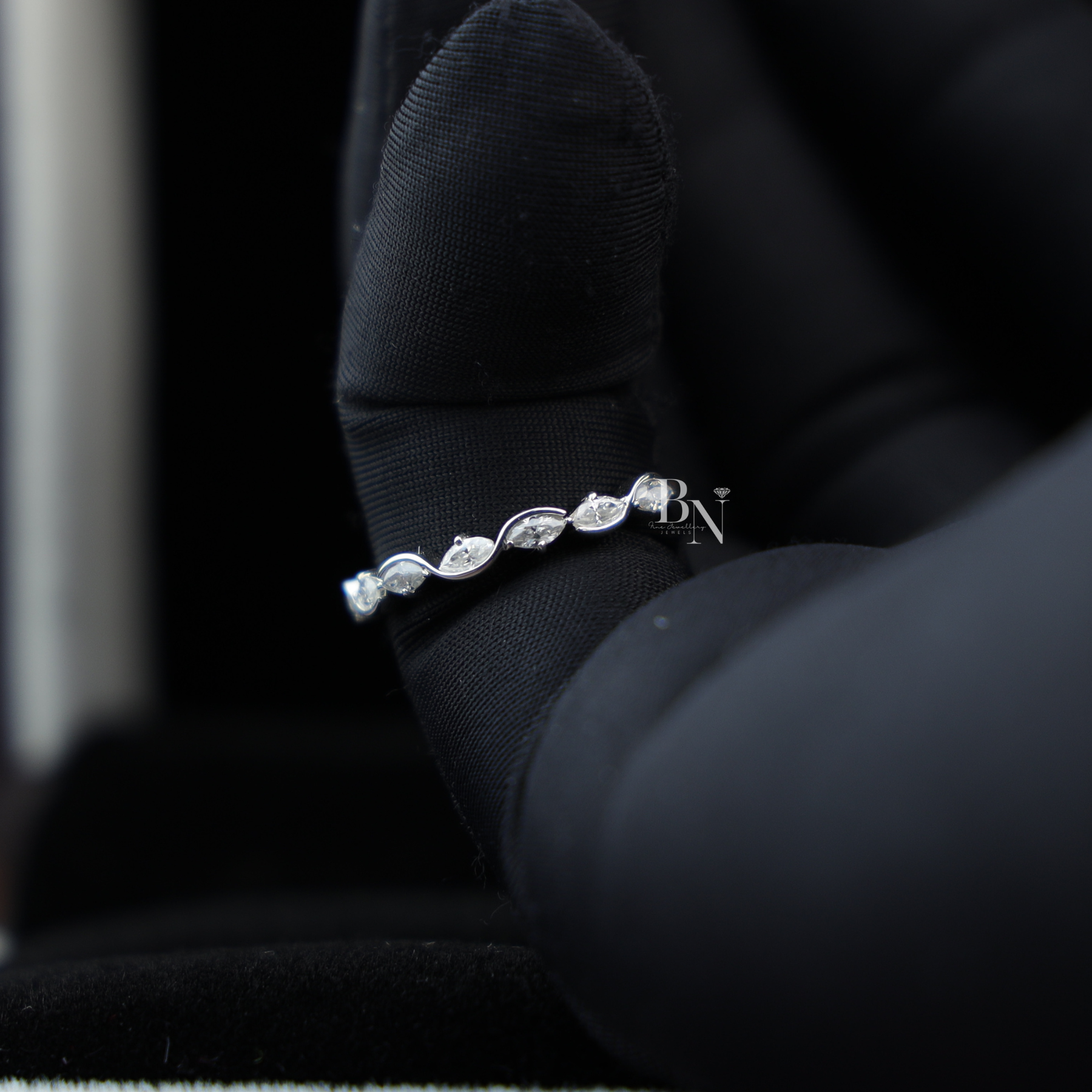 Marquise Lab Diamond Wave Band, Dainty Scalloped Wedding Ring, Curved Stacking Band